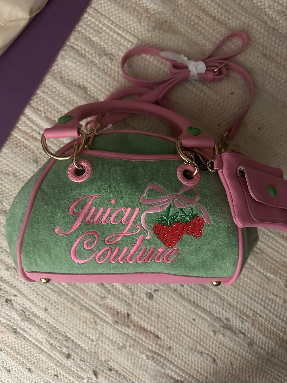 Juicy Couture Pink & Green Strawberry Embroidered bowling Bag
